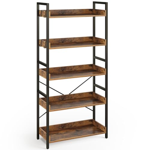 Rolanstar Bookshelf 5 Tier with 4 Hooks, Industrial Wood Bookcase, Vintage Storage Rack with Open Shelves, Rustic Standing Bookshelves Display Rack for Living Room, Bedroom, Rustic Brown - 5 Tier - Rustic Brown
