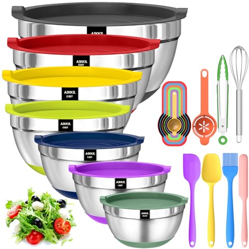 AIKKIL Bowls with Airtight Lids, 20 piece Stainless Steel Metal Nesting Bowls, Non-Slip Colorful Silicone Bottom, Size 7, 3.5, 2.5, 2.0,1.5, 1,0.67QT, Great for Mixing, Baking, Serving - Colorful