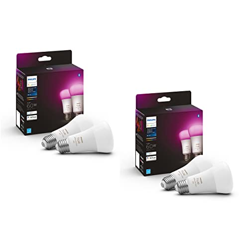 Philips Hue Smart 60W A19 LED Bulb - White and Color Ambiance Color-Changing Light - 4 Pack - 800LM - E26 - Indoor - Control with Hue App - Works with Alexa, Google Assistant and Apple Homekit - White & Color Ambiance - 4 Pack - Base Lumen (60W) - Smart Bulb