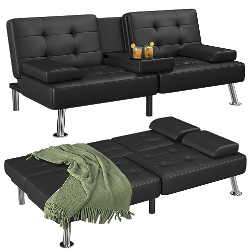Flamaker Futon Sofa Bed Modern Faux Leather Couch, Convertible Folding Futon Couch Recliner Lounge for Living Room with 2 Cup Holders with Armrest (Faux Leather, Black) - Black - Artificial Leather