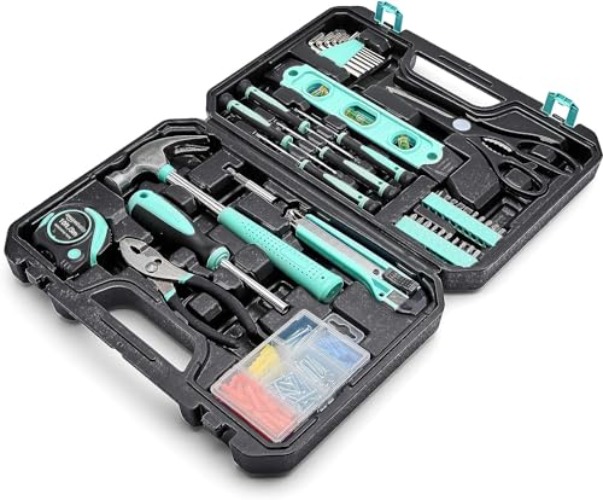 Amazon Basics Household Tool Kit With Storage Case, 142 Piece, Turquoise, 13.39 x 9.25 x 2.95 inch - Turquoise