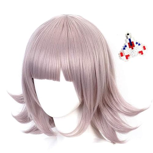 LOKCEE Women Short Wavy Hair Chiaki Nanami Wig Cosplay Party Halloween Daily Wigs with Plane Hairpin Cosplay Costume Prop with Wig Cap
