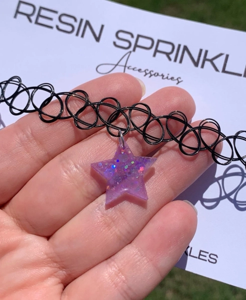Purple Holographic Star Choker | 90s Style Tattoo Elastic Necklace w/ Handmade Resin Pendant