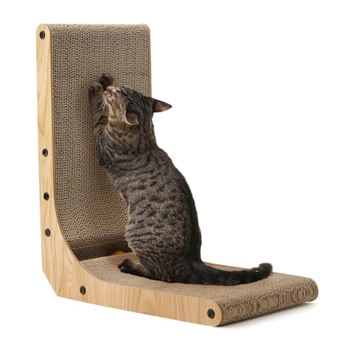 FUKUMARU Cat Scratcher, 18.7 Inch L Shape Cat Scratch Pad Wall Mounted, Cat Scratching Cardboard with Ball Toy for Indoor Cats, Medium Size - Medium