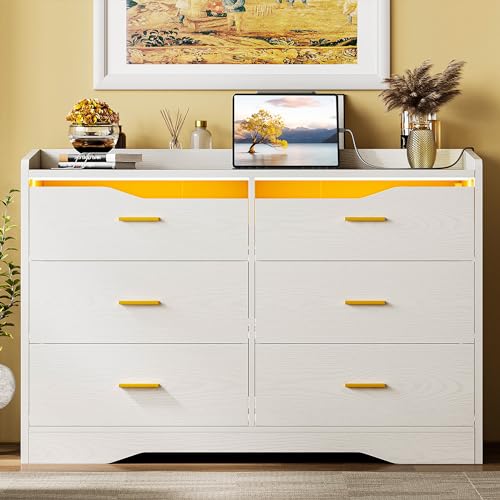 IRONCK Dresser for Bedroom with LED Light and Charging Station, Large Dressers & Chests of Drawers with 6 Wooden Drawers, Storage Organizer Dresser for Hallway, Bedroom, White - White
