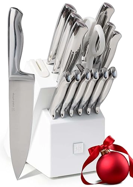 Styled Settings Stainless Steel Knife Set with Built In Sharpener - 14 Piece Ultra Sharp, High Carbon Stainless Steel Kitchen Knife Set Includes White Knife Block with Sharpener Built In