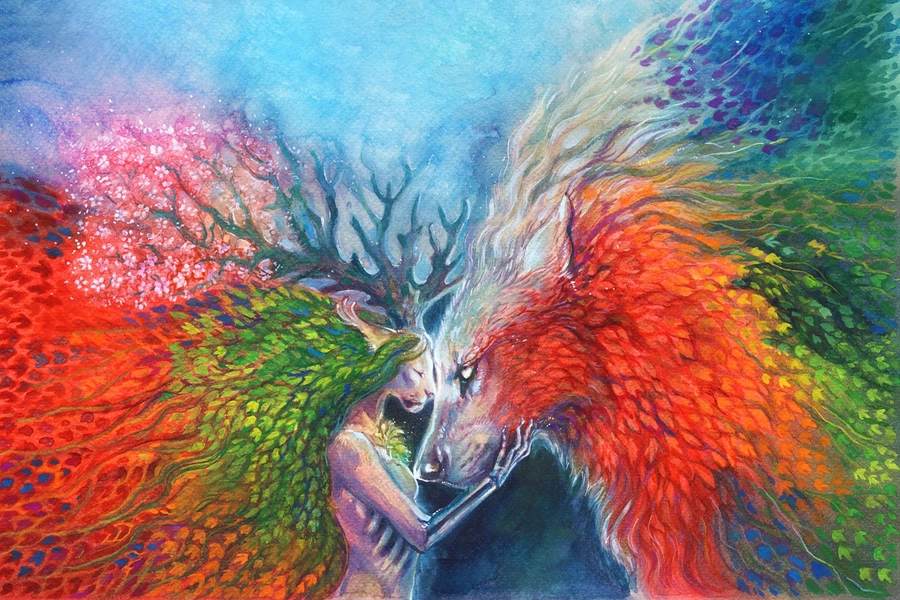 Seasonal Exchange print - Wolf Girl Love Autumn Winter Summer Season Love Fantasy Skyhill