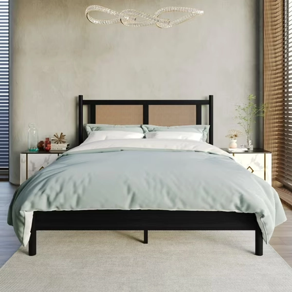 Castle Place Rattan Queen Wooden Platform Bed, Black