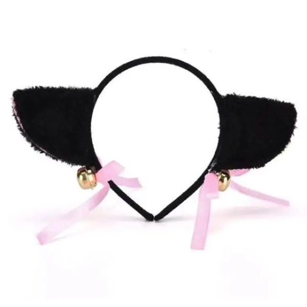 Fuzzy Kitty Cat Ear Headband with Bells and Ribbon