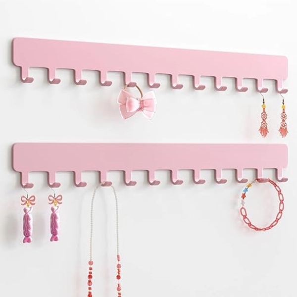 Josmimic Necklace Holder Wall Organizer - Jewelry Hanging Hooks for Necklaces, Bracelets, Earrings - Easy Stick-On Installation - Space-Saving Metal Design, Pink