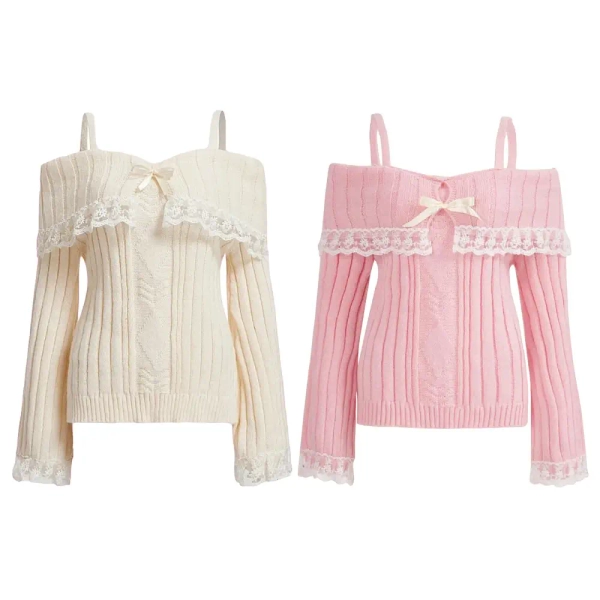 Pink Knit Princess Sweater with Off-the-Shoulder Design and Accents