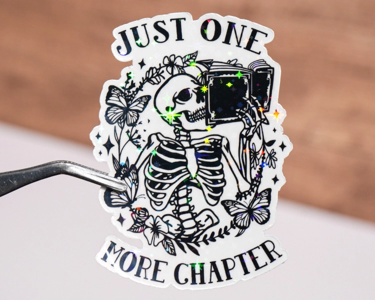 Just one more chapter sticker, Kindle sticker, Book sticker, Bookish sticker, Waterproof, Skeleton reading book, Gift for readers, Reading