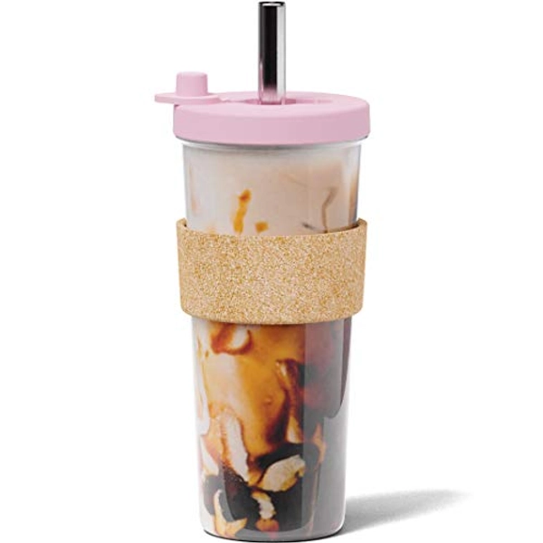 Dodoko Reusable Boba Cup and Straw Boba Tea Cup Bubble Tea Cup Reusable Iced Coffee Cup Cold Coffee Cup Smoothie Cup with Lid and Straw Smoothie Cup to go Smoothie Tumbler 24 oz - Bubble Pink
