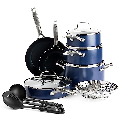 Blue Diamond Cookware Diamond Infused Ceramic Nonstick, 14 Piece Cookware Pots and Pans Set, PFAS-Free, Dishwasher Safe, Oven Safe - 14 Piece Cookware Set - Blue
