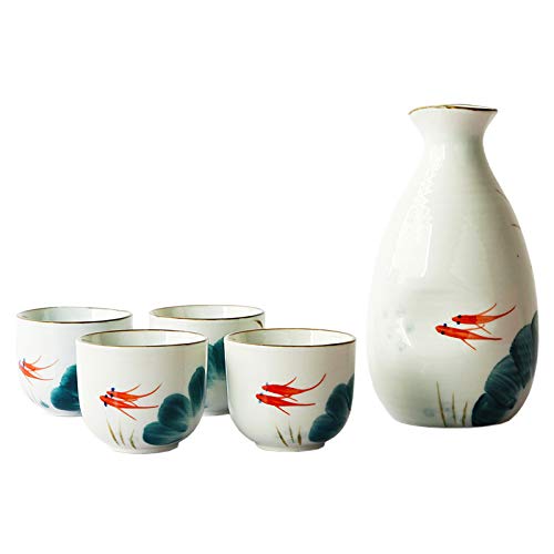 Caalio Japanese Sake Set - Porcelain Sake Tokkuri Bottle 8 fl oz and Four Sake Ochoko Cups 2 fl oz Sake Cups Soju Tea Set(Goldfish) - Goldfish