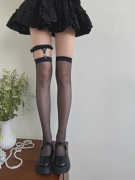 [$3.99]Black Semi-sheer Overknee Stocking with Black Ruffle Leg Loop