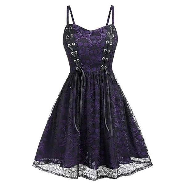 Women's Sleeveless Punk Dress Camisole Skull Print Lace Swing Dress Halloween Spaghetti Strap Steampunk Dress Goth Clothes