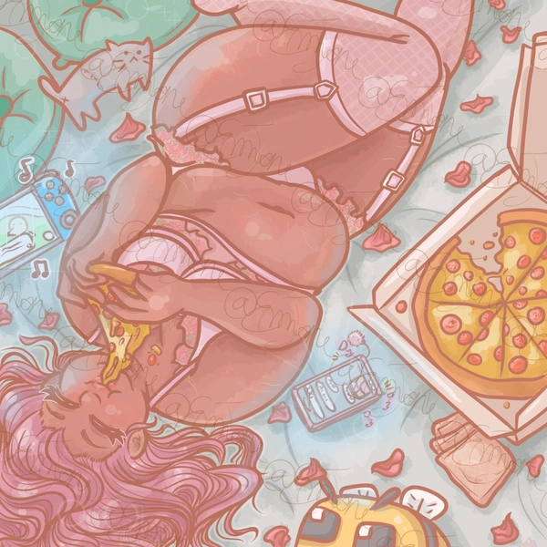 Self date Vday Art Print - Self Love - Valentines Day - Fat Positive - Curvy - Plus Size - Body Positive - Pizza Eating - Lingerie