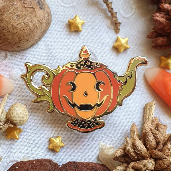 SPOOKY TEA POT mini enamel pins. Hard enamel pin. witchy pin. Teapot, teacup, tea filter enamel pins. Glitter. Brooch. Pumpkin spiced latte.