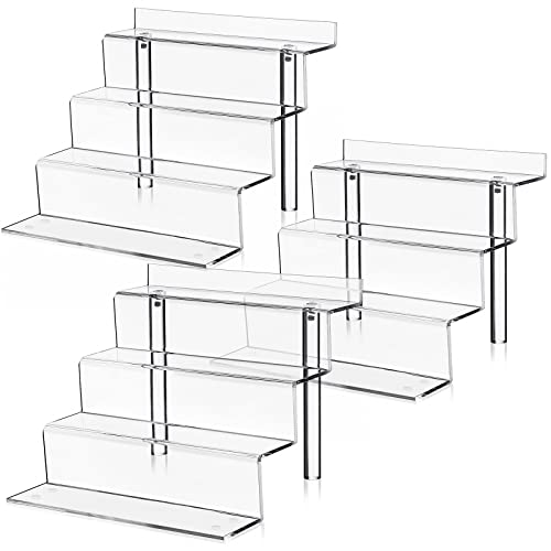 Clear Acrylic Display Riser Shelf for Pops & Toys Figures, Cupcake Stand for Nail Polish, Shot Glasses, Perfume & Cologne Organizer, Crystals Collectibles Decoration in Cabinet (9 in 4 Tier, 3pcs) - 9in-4Tier-3pack