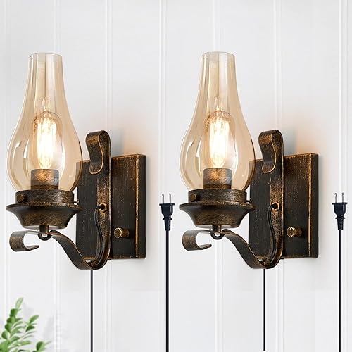 Yisuro Wall Sconces Sets of 2, Oil Rubbed Bronze Plug in Wall Sconce,Retro Rustic Wall Lamps,Sconces Wall Lighting with Amber Glass,Indoor Vintage Bedside Wall Lighting for Living Room Bathroom - 2 Pack