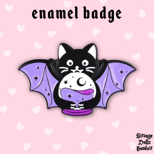 Witchy Bat Cat enamel pin badge, pastel goth, Halloween, Strange Dollz Boudoir