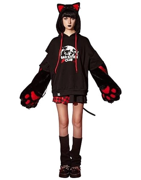 Emily the Strange Girls Cat Pullover Hoodie Black Bad Kitten Print Costume with Paw Gloves