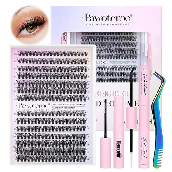 Pawotence Lash Extension Kit DIY 280pcs Individual Lash Clusters Kit 30D 40D Cluster Eyelash Extensions Kit with Lash Bond and Seal, Lash Remover, Lash Tweezers for Self Use (30D&40D, 9-16mm, All Kit)
