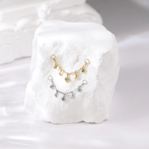 Sterling Silver Moon&Star Alexandrite Chain • 925 Silver Helix Conch Daith Cartilage Chain Earring • Tiny Rook Belly Nostril Piercing Chain