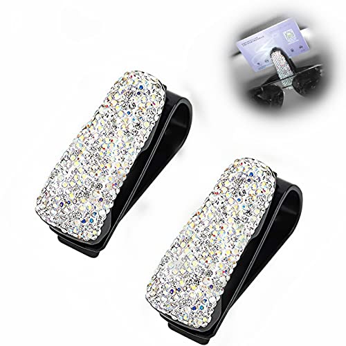 Glasses Holders for Car Sun Visor 2 Pack, Bling Bling Diamond Sunglasses Eyeglasses Mount with Ticket Card Clip (White) - White