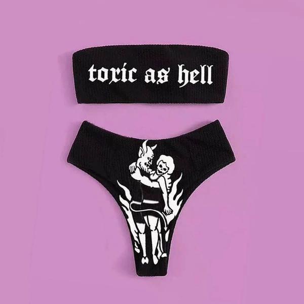 Letters Print Monster Skull Bikini Set