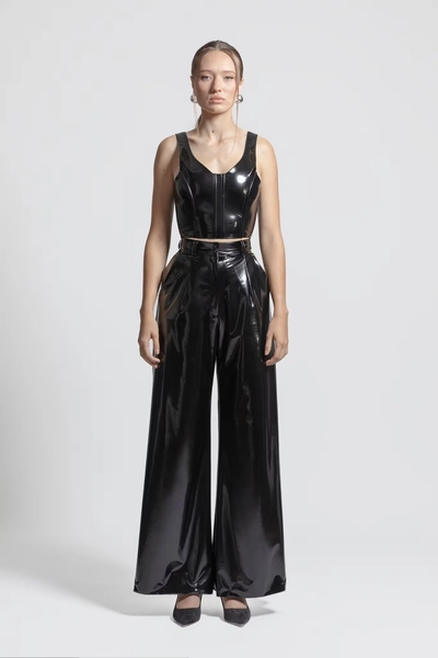 Bardot Crop Top Latex Feel - Black Sexy Off-Shoulder Fitted Edgy Clubwear Trendy Streetwear Statement Gloss Wet Look Handmade Women Clothing