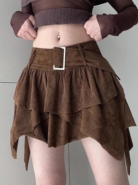 'Harvest Haze' Brown Velvet / Faux Suede A-Line Mini Belt Detail Skirt