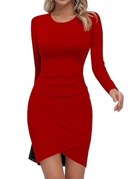 Missufe Vestido Corto Ajustado de Manga Larga para Mujer Vestido Informal Elegante básico Camiseta - XS - Rojo