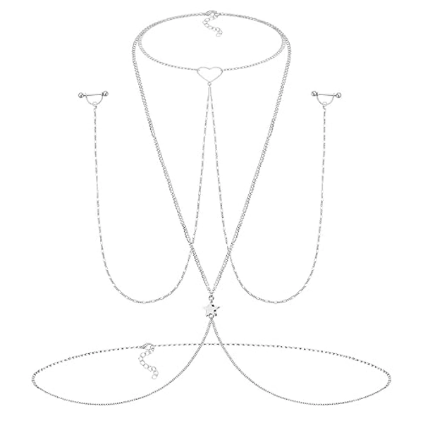 JFORYOU Nipple Rings with Body Chain Waist Chest Chain 14G Nipple Piercing Barbell Nipplerings Body Piercing Jewelry for Women