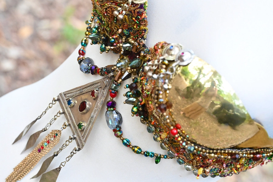 Made to size Vibrant multi-bizarre colours with polished Gold metal bra