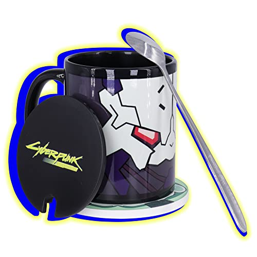 Roffatide Anime Cyberpunk Edgerunners Mugs: Adam Smasher Mug & Rebecca Coasters Black Coffee Cup Set (Black Cup Ceramic Coasters Lid Spoon) Gift for Christmas Birthday - A