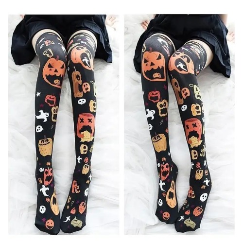 Gothic Halloween Stockings with Spooky Black and Orange Print - Sickly Pumpkin
