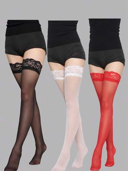 3 Pairs Women Lace Trim Thigh High Stockings, Casual For Daily Wear