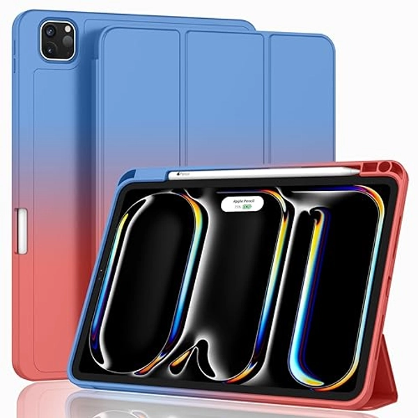 ZryXal 2024 iPad Pro 11 Inch Case M4 (5th Generation) with Pencil Holder, Smart iPad Case [Support Pencil Pro and Pencil (USB-C)], Support Touch ID and Auto Wake/Sleep (Blue/Orange)