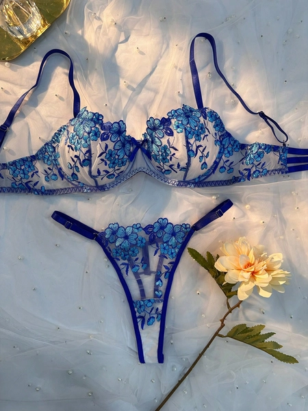  Floral Embroidery Bra & Panty Underwear Lingerie Set
