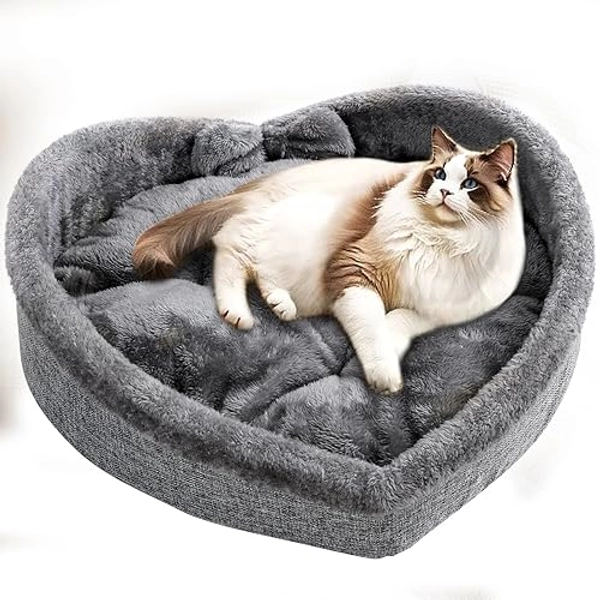 Heart Cat Pet Bed for Cats or Small Dogs, Ultra Soft Short Plush, Anti-Slip Bottom, Washable High Resilience PP Cotton, Comfortable Self Warming Autumn Winter Indoor Sleeping Cozy Kitty Teddy