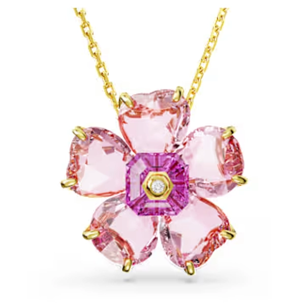 Idyllia necklace, Flower, Pink, Gold-tone plated