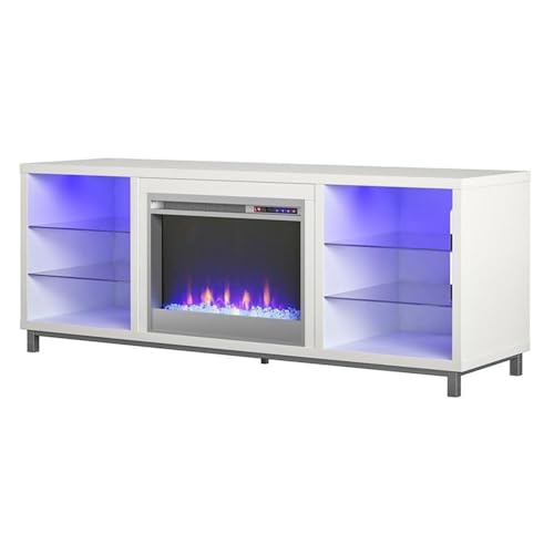 Ameriwood Home Lumina Fireplace TV Stand for TVs up to 70 Inch, Replaceable Electric Fireplace Insert Heater, Remote Control, Timer, Color Changing LED Lights, Crystal Ember Flames, White - White - 70" Fireplace