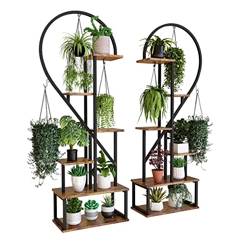 POTEY 6 Tier Metal Plant Stand, Creative Half Heart Shape Ladder Plant Stands for Indoor Plants Multiple, Black Plant Shelf Rack for Home Patio Lawn Garden (2 Pack) - Brown - 2 Pack
