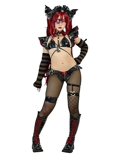 Mobbunny Women's Anime Cosplay Lingerie Set Shiny PU Leather Top and Shorts with Headband and Ruffle Short Sleeve - Large - Black