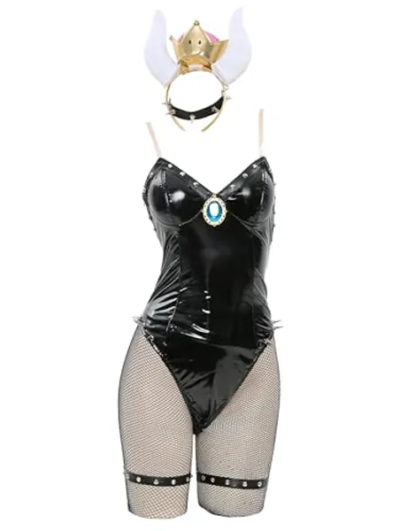 MEOWCOS Bodysuit for Women Cute Blue Princess Bunny Girl Costume Faux Leather Halloween Costume - Medium - Black