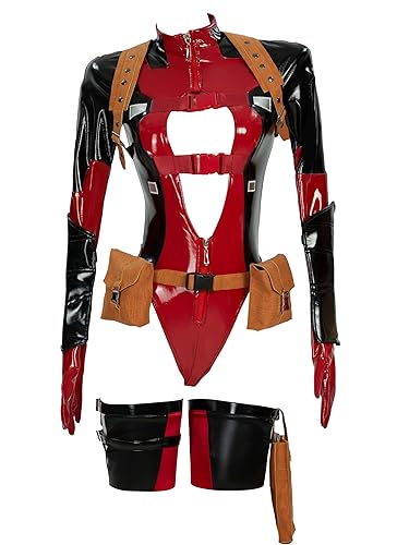 Mobbunny Movie Derivative Cosplay Costume for Women Bodycon Outfit Sexy Cutout Bodysuit with Holster Waist Bag and Socks - Small - Red