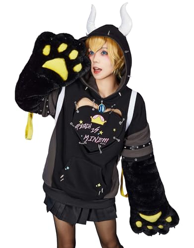 miccostumes Womens Hoodies 3D Pullover Sweatshirt Long Sleeve Harajuku Kawaii Detachable Bag Furry Paw Gloves - Medium - Black
