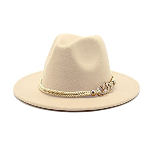 Gossifan Lady Fashion Wide Brim Felt Fedora Panama Hat with Ring Belt - Medium - Light Sand